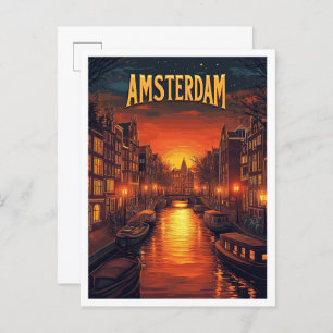 Sunset in Amsterdam Netherlands Vintage Travel Postcard