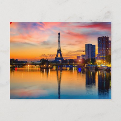 Sunset in Paris France Eiffel Tower on Seine  Postcard