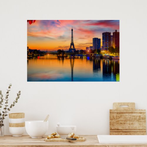 Sunset in Paris France Eiffel Tower on Seine  Poster