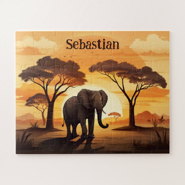 Sunset in savanna personalized elephant  jigsaw puzzle (Horizontal)