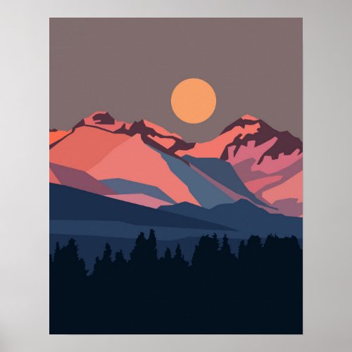 Sunset in snowy mountains poster