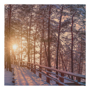 Sunset in snowy pine forest with sun ray faux canvas print