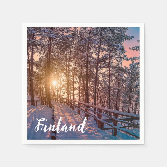 Sunset in snowy pine forest with sun ray napkins (Front)