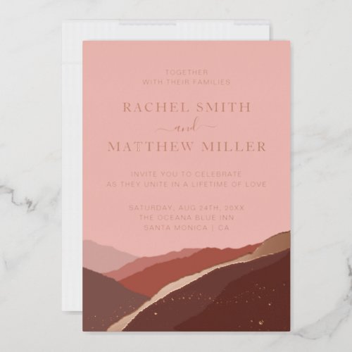 Sunset in the hills mountains rose pink dusty foil foil invitation