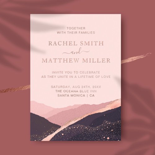 Sunset in the hills mountains rose pink dusty foil invitation