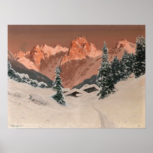 Sunset in the Kaisertal Snowy Mountains Poster