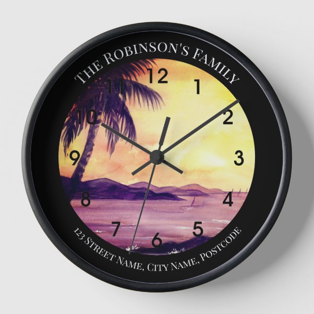 Sunset in Tropics Painting by Farida Greenfield Clock (Front)