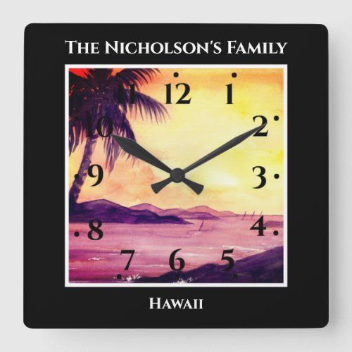 Sunset in Tropics Watercolor Painting Black Square Wall Clock