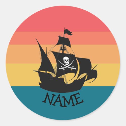 Sunset Jolly Roger Pirate Party Ship  Classic Round Sticker