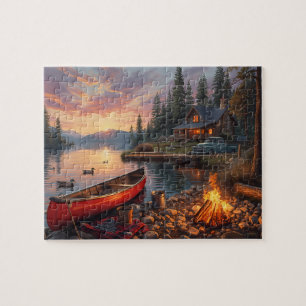 Sunset Lake Cabin Canoe Campfire Scenery Jigsaw Puzzle