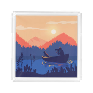 Sunset Lake Canoe Illustration Acrylic Tray