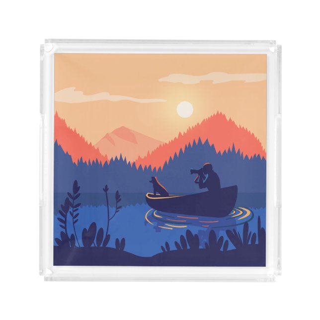 Sunset Lake Canoe Illustration Acrylic Tray (Front)