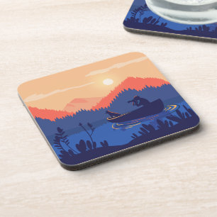 Sunset Lake Canoe Illustration Beverage Coaster