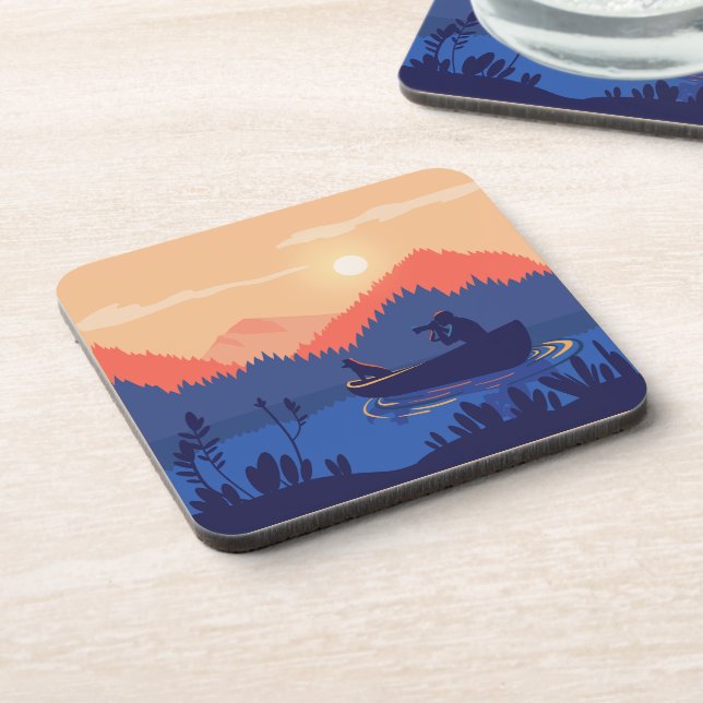 Sunset Lake Canoe Illustration Beverage Coaster (Left Side)