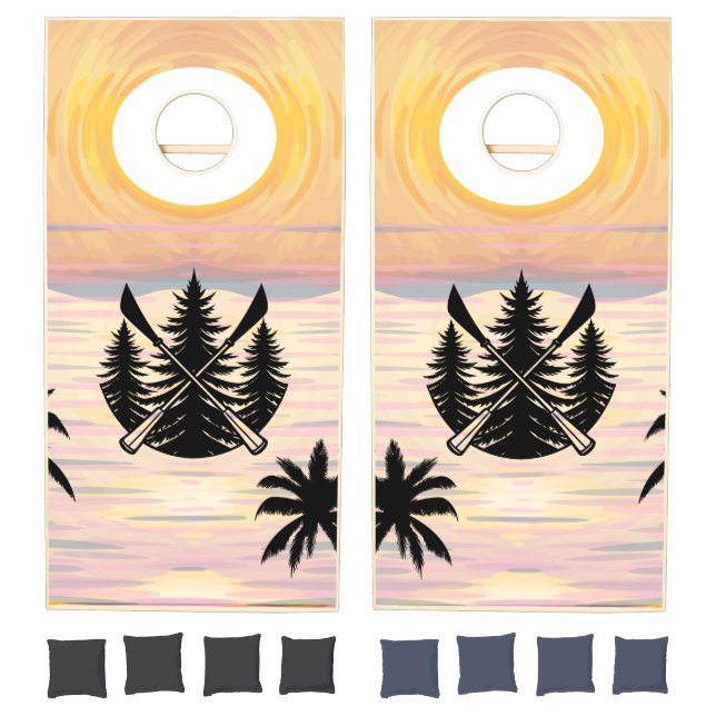 Sunset Lake House Boat Oars Trees Cornhole Set (Set)