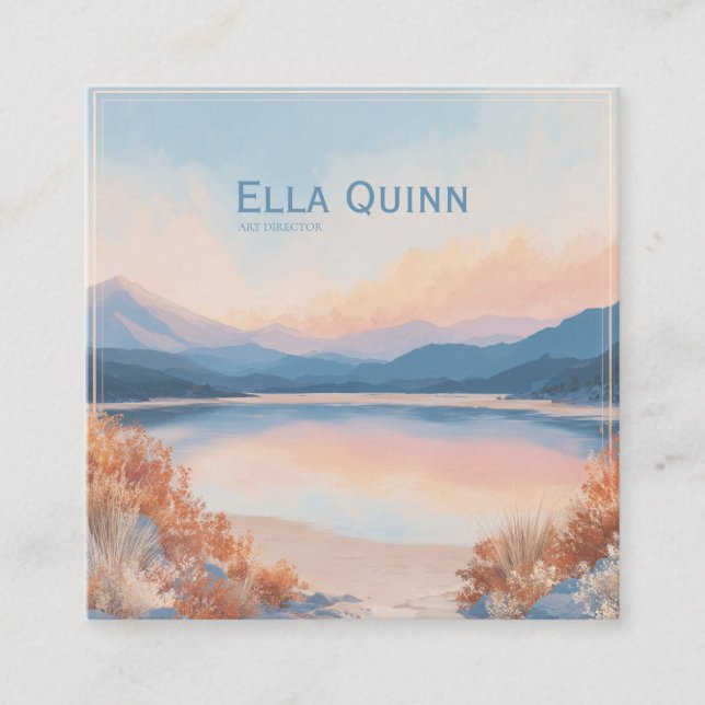 Sunset Lake Landscape Coral Pink Modern Square Business Card (Front)