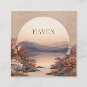 Sunset Lake Landscape Peach Semicircle Geometric Square Business Card