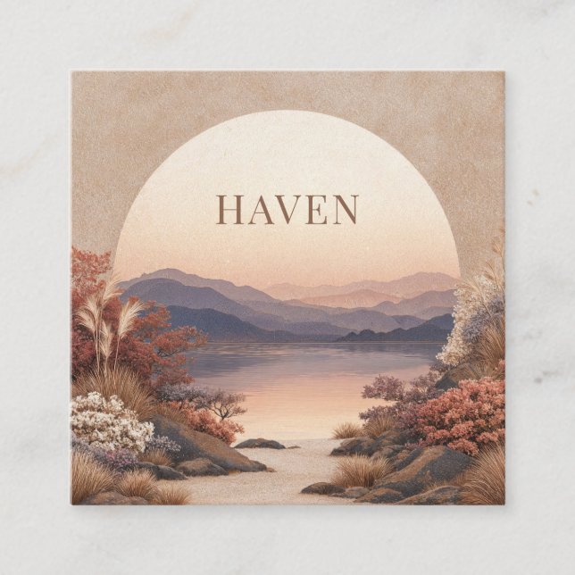 Sunset Lake Landscape Peach Semicircle Geometric Square Business Card (Front)