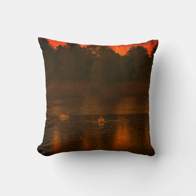 Sunset Lake Rain Swans Nature Landscape Throw Pillow (Front)