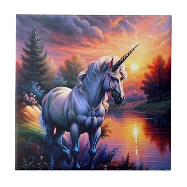 Sunset Lake River Unicorn Seven Ceramic Tile (Front)