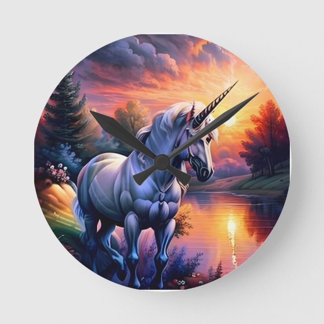 Sunset Lake River Unicorn Seven Round Clock (Front)