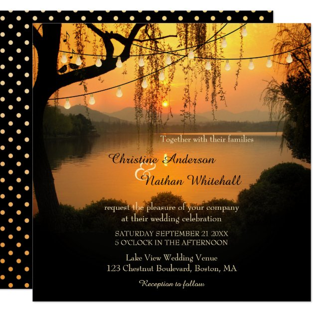 Sunset Lake View String Lights Wedding Invitation
