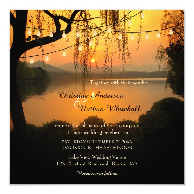 Sunset Lake View String Lights Wedding Invitation