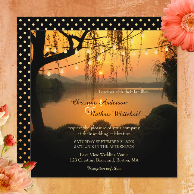 Sunset Lake View String Lights Wedding Invitation Zazzle