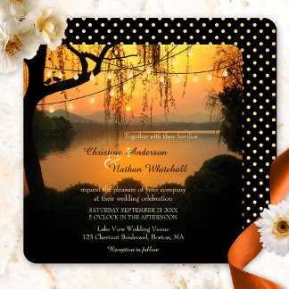Sunset Lake View String Lights Wedding Invitation