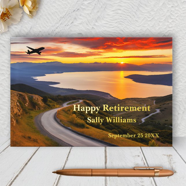 Sunset Landscape Airplane Real Foil  Foil Guest Book (Retirement guest book featuring an airplane in a landscape scene at sunset with your real foil texts)