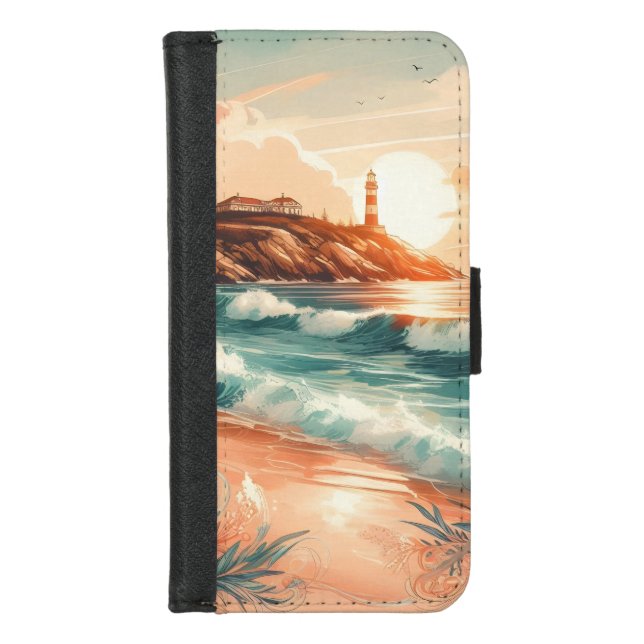 Sunset Lighthouse Ocean Beach Boho Floral iPhone Wallet Case (Front)