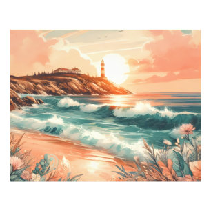Sunset Lighthouse Ocean Beach Boho Floral Photo Print