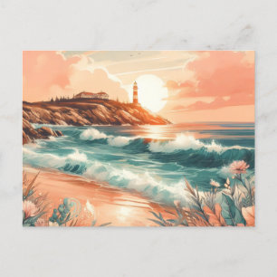 Sunset Lighthouse Ocean Beach Boho Floral Postcard
