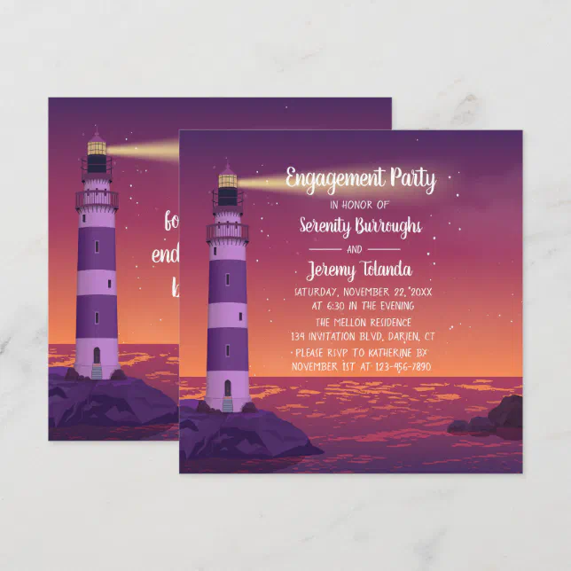 Sunset Lighthouse Purple Nautical Engagement Party Invitation | Zazzle