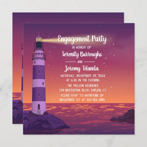 Sunset Lighthouse Purple Nautical Engagement Party Invitation