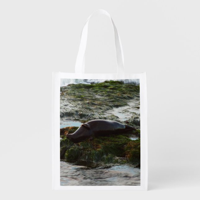 Sunset Lit Harbor Seal II at San Diego Grocery Bag (Front)