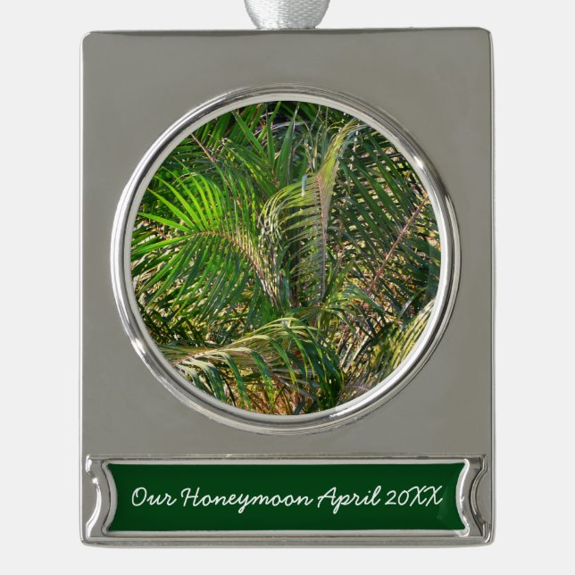 Sunset Lit Palm Fronds Tropical Silver Plated Banner Ornament (Front)