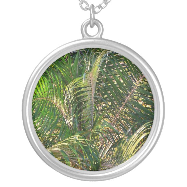 Sunset Lit Palm Fronds Tropical Silver Plated Necklace (Front)