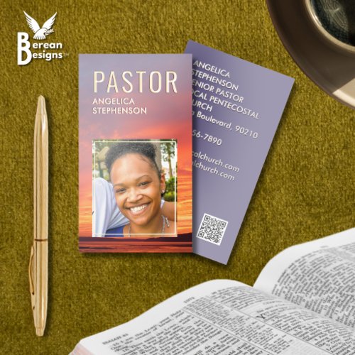 Sunset Logo QR Code PASTOR Gold Foil Spot Gloss Business Cards