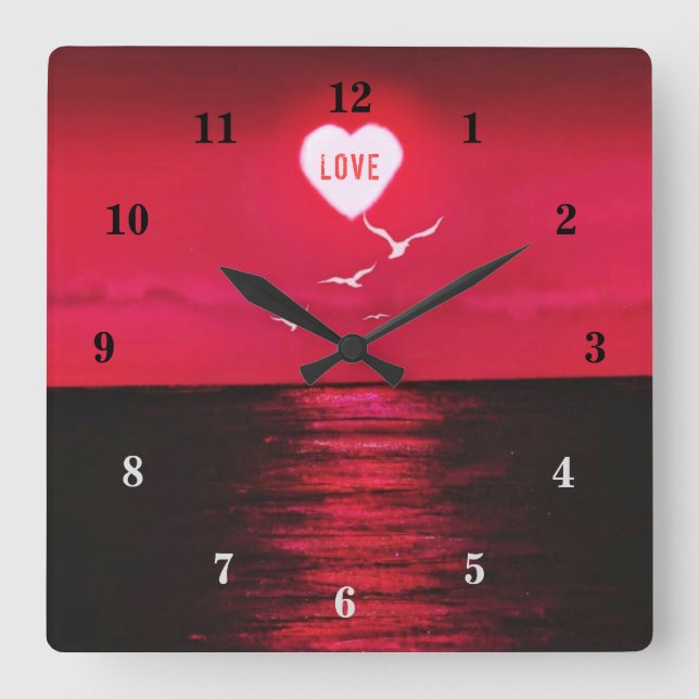 Sunset Love - Romantic - Black Red - Personalized Square Wall Clock (Front)