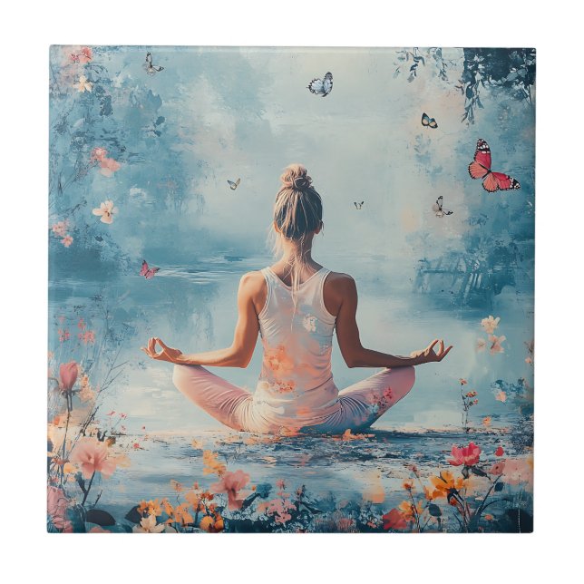 Sunset Meadow Meditation with Butterflies (3) Ceramic Tile (Front)