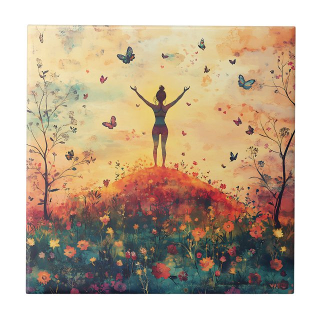 Sunset Meadow Meditation with Butterflies (4) Ceramic Tile (Front)