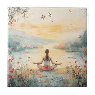 Sunset Meadow Meditation with Butterflies (6) Ceramic Tile
