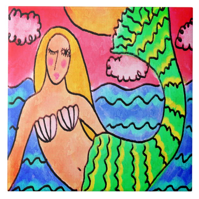 Sunset Mermaid Abstract Digital Painting Ceramic Tile (Front)