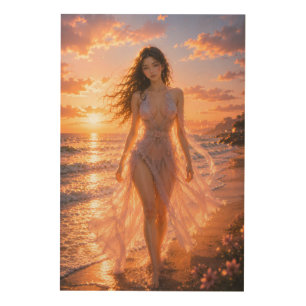 Sunset Mermaid Walking the Shore Fantasy Ocean A Wood Wall Art