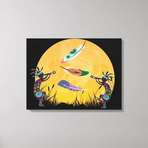  Sunset Moon Kokopelli and Feathers Canvas Print