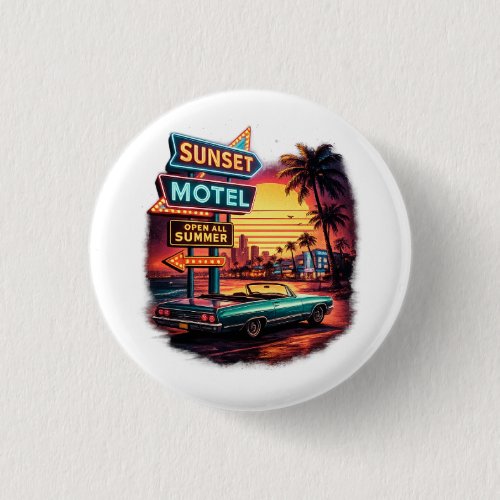 Sunset Motel Open All Night Retro Design Button