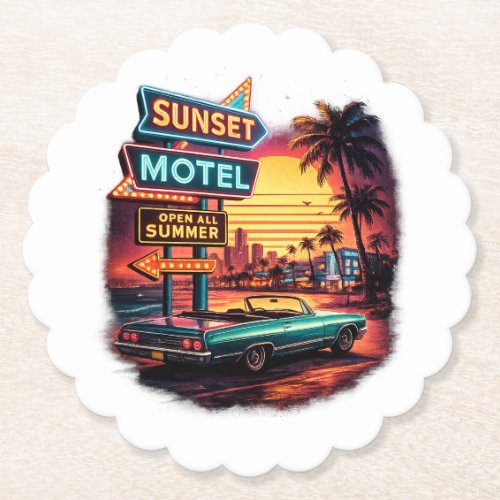 Sunset Motel Open All Night Retro Design Paper Coaster