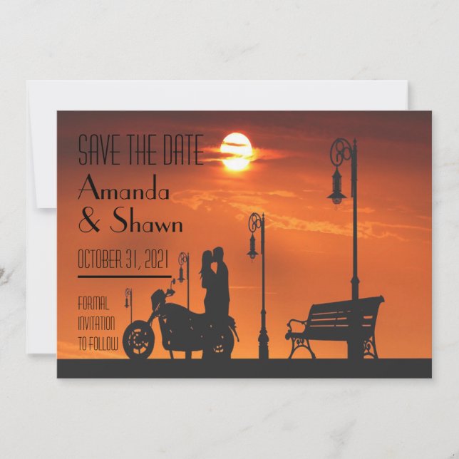 Sunset Motorcycle Couple Save the Date Invitation (Front)