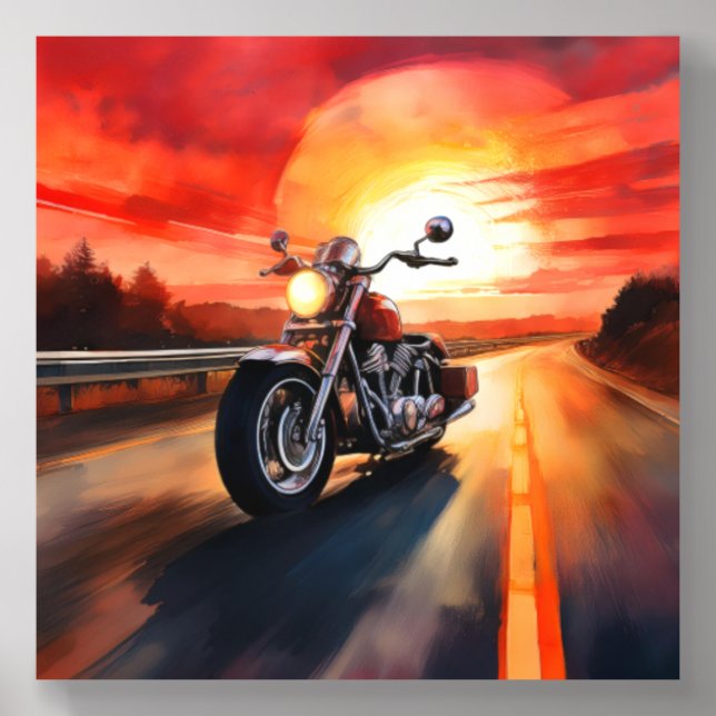 Sunset Motorcycle Ride on Open Highway Acrylic Photo Tile (Front Set)